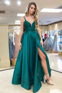 A-Line Spaghetti Straps Floor-Length Green Satin Prom Dress with Split CAD63 | Cathyprom