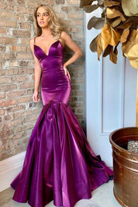 Mermaid Spaghetti Straps Sleeveless Sweep Train Purple Prom Dress OHC040 | Cathyprom