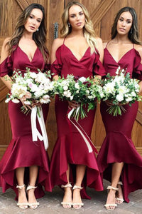 Mermaid Spaghetti Straps Cold Shoulder Hi-Low Bridesmaid Dress with Ruffles OHS054 | Cathyprom