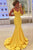 Mermaid Square Sweep Train Yellow Satin Prom Dress with Ruffles Q42