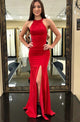 Mermaid Jewel Sweep Train Split Criss-Cross Straps Red Stretch Satin Prom Dress Q15