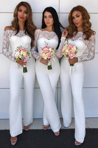 White Off-the-Shoulder Long Sleeves Jumpsuit Bridesmaid with Lace OHS067 | Cathyprom