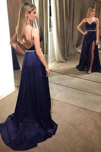 A-Line Spaghetti Straps Backless Navy Blue Prom Dress with Beading OHC098 | Cathyprom
