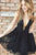 A-Line Deep V-Neck Short Black Lace Homecoming Cocktail Dress with Beading OHM009 | Cathyprom