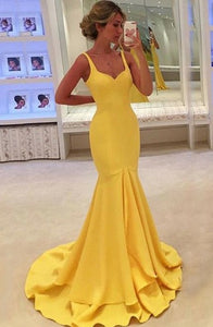 Mermaid Square Sweep Train Yellow Satin Prom Dress with Ruffles Q42