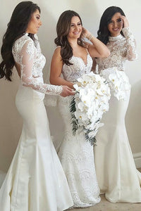 Mermaid High Neck Open Back Long Sleeves White Bridesmaid Dress with Appliques OHS019 | Cathyprom