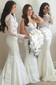 Mermaid High Neck Open Back Long Sleeves White Bridesmaid Dress with Appliques OHS019 | Cathyprom