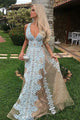 A-Line V-Neck Floor-Length Champagne Tulle Prom Dress with Appliques OHC079 | Cathyprom