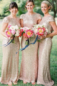 Mermaid Bateau Backless Cap Sleeves Gold Sequined Bridesmaid Dress OHS005 | Cathyprom