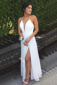 A-line Halter Floor Length Split White Backless Prom Dress with Pleats P78 | Cathyprom