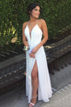 A-line Halter Floor Length Split White Backless Prom Dress with Pleats P78 | Cathyprom