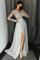 A-Line V-Neck Long Sleeves Floor-Length Grey Prom Dress with Appliques OHC008 | Cathyprom