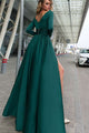 A-Line Deep V-Neck Long Sleeves Dark Green Sweep Train Prom Dress with Split LPD84 | Cathyprom