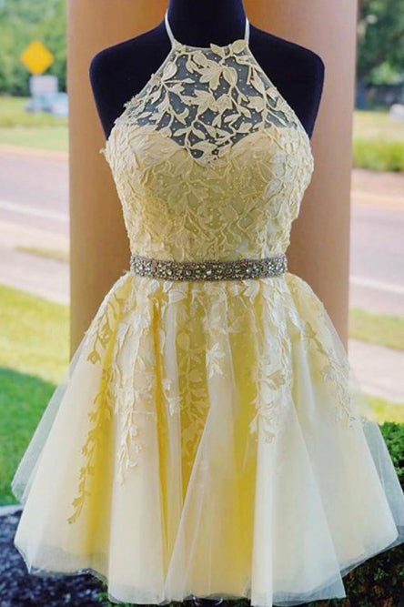 Modest Halter Criss-Cross Back Homecoming Dress with Appliques Beading cathyprom Modest Halter Criss-Cross Back Homecoming Dress with Appliques Beading cathyprom
