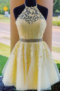 Modest Halter Criss-Cross Back Homecoming Dress with Appliques Beading OHM057 | Cathyprom