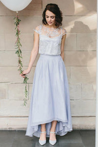 A-Line Bateau Cap Sleeves Hi-Low Chiffon Bridesmaid Dress with Lace OHS052 | Cathyprom