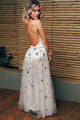 A-Line Crew Floor-Length White Tulle Backless Prom Dress with Appliques Z9