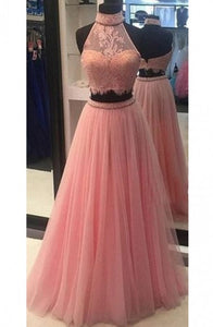 Two Piece High Neck Pink Tulle Prom Dress with Beading Lace P5