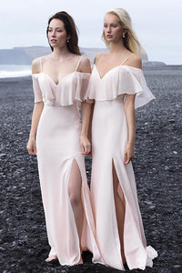 Charming A Line Spaghetti Straps Floor Length Half Sleeves Slit Long Chiffon Bridesmaid Dresses with Ruffles OHS115 | Cathyprom
