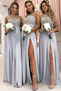 A-Line Jewel Floor-Length Bridesmaid Dress with Appliques Split OHS076 | Cathyprom