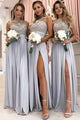A-Line Jewel Floor-Length Bridesmaid Dress with Appliques Split OHS076 | Cathyprom