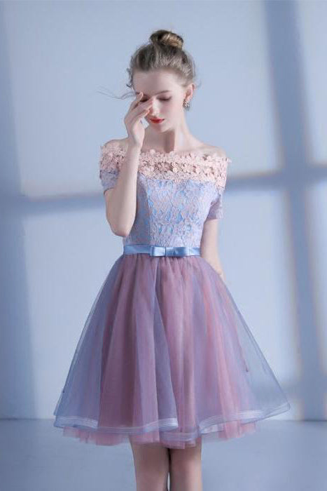 A Line Off-the-shoulder Short Sleeve Lace Short Prom Dress Tulle Homec cathyprom A Line Off-the-shoulder Short Sleeve Lace Short Prom Dress Tulle Homec cathyprom