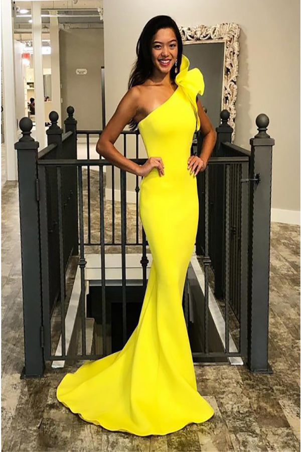 Mermaid One-Shoulder Sweep Train Yellow Prom Dress with Ruffles PD010 cathyprom Mermaid One-Shoulder Sweep Train Yellow Prom Dress with Ruffles PD010 cathyprom