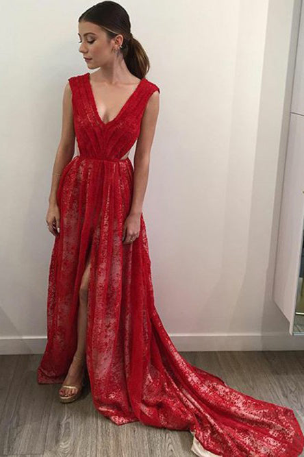 A-Line V-Neck Sleeveless Backless Sweep Train Red Lace Prom Dress OHC0 cathyprom A-Line V-Neck Sleeveless Backless Sweep Train Red Lace Prom Dress OHC0 cathyprom