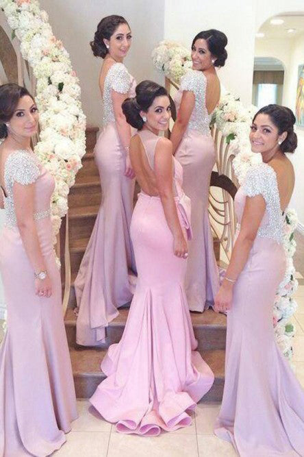 Mermaid Bateau Backless Sweep Train Bridesmaid Dress with Beading OHS0 cathyprom Mermaid Bateau Backless Sweep Train Bridesmaid Dress with Beading OHS0 cathyprom