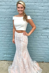 Two Piece Off-the-Shoulder Ivory Tulle Prom Dress with Appliques OHC104 | Cathyprom