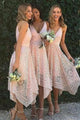 A-Line Spaghetti Straps Sleeveless Asymmetry Pink Lace Bridesmaid Dress OHS008 | Cathyprom