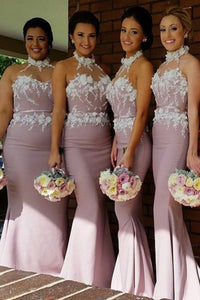 Mermaid Halter Backless Sweep Train Blush Bridesmaid Dress with Appliques OHS028 | Cathyprom