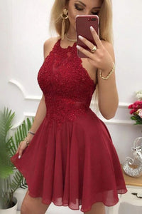 Modest Scoop Sleeveless Burgundy Chiffon Homecoming Dress with Appliques OHM041 | Cathyprom