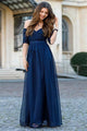 A Line Off The Shoulder Floor Length Half Sleeve Tulle Romantic Bridesmaid Dresses with Ruffles OHS130 | Cathyprom