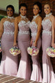 Mermaid Halter Backless Sweep Train Blush Bridesmaid Dress with Appliques OHS028 | Cathyprom