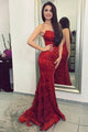 Mermaid Crew Neck Sweep Train Red Prom Dress with Appliques OHC049 | Cathyprom