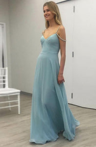 A-Line Spaghetti Straps Light Sky Blue Open Back Prom Dress with Beading Q44