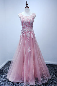 A-line Scoop Floor-length Pink Tulle Open Back Prom Dress with Appliques P47