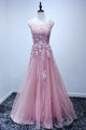 A-line Scoop Floor-length Pink Tulle Open Back Prom Dress with Appliques P47