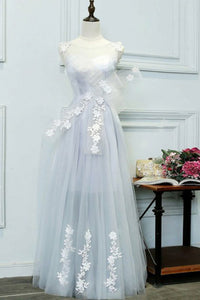 A-Line Crew Floor-Length Lavender Tulle Prom Dress with Appliques Bow Q77