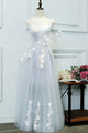 A-Line Crew Floor-Length Lavender Tulle Prom Dress with Appliques Bow Q77