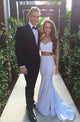 Two Piece Sweetheart Sweep Train White Stretch Satin Prom Dress P4