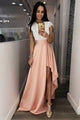 A-Line Crew Cap Sleeves Split-Side Pink Satin Prom Dress with Lace P7