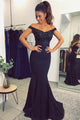 Mermaid Off-the-Shoulder Sweep Train Navy Blue Prom Dress with Beading Appliques L58 | Cathyprom