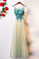 A-Line Crew Floor-Length Sage Tulle Sleeveless Prom Dress with Appliques Q86