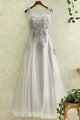 A-Line Crew Floor-Length Grey Sleeveless Tulle Prom Dress with Appliques Q92