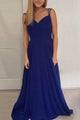 A-Line Straps Sweep Train Navy Blue Backless Satin Prom Dress P8