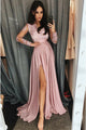 A-Line V-Neck Long Sleeves Sweep Train Pink Prom Dress with Appliques Split Z18