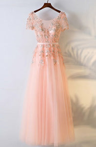 A-Line Crew Short Sleeves Floor-Length Coral Tulle Prom Dress with Appliques Q25