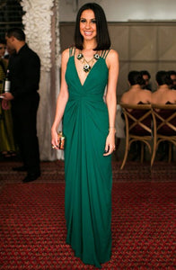 A-Line Deep V-Neck Floor-Length Green Chiffon Open Back Prom Dress Q35